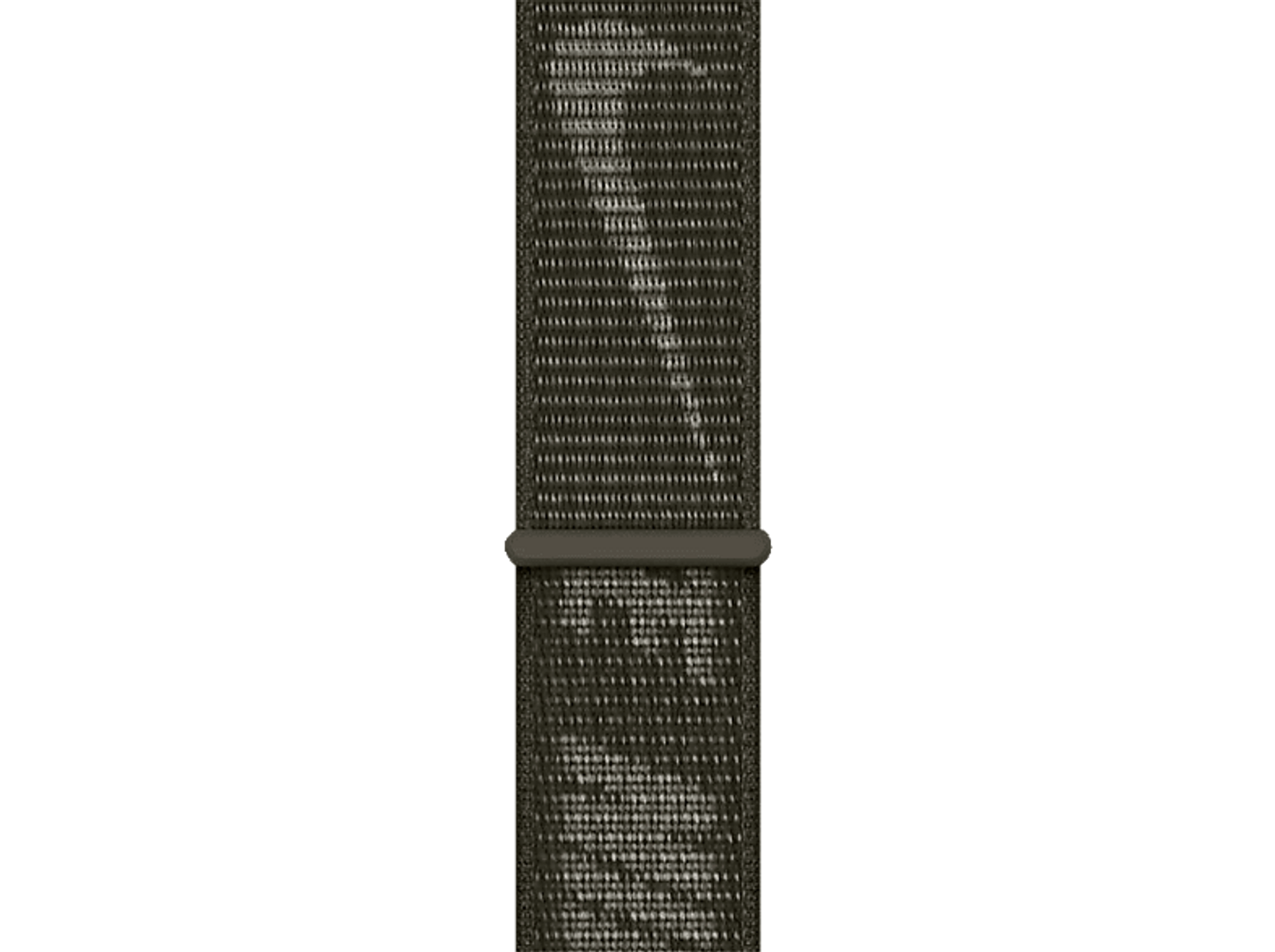 Gros plan d'un bracelet de montre en tissu tissé vert olive foncé.