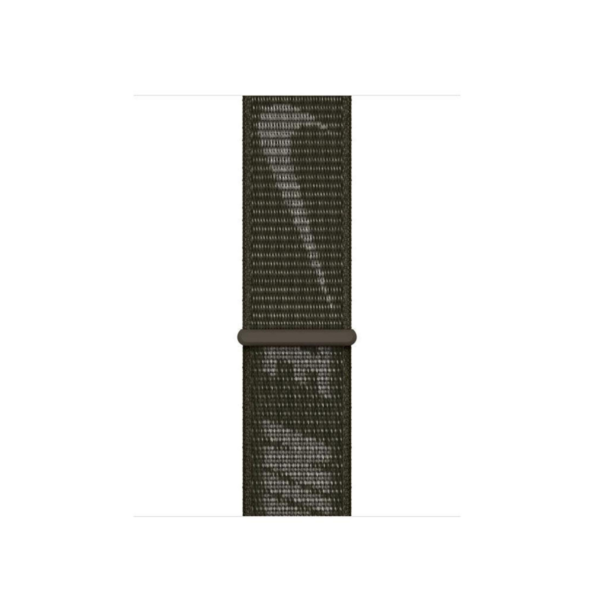Un bracelet de montre en tissu vert foncé sur fond blanc. Il a une boucle foncée.