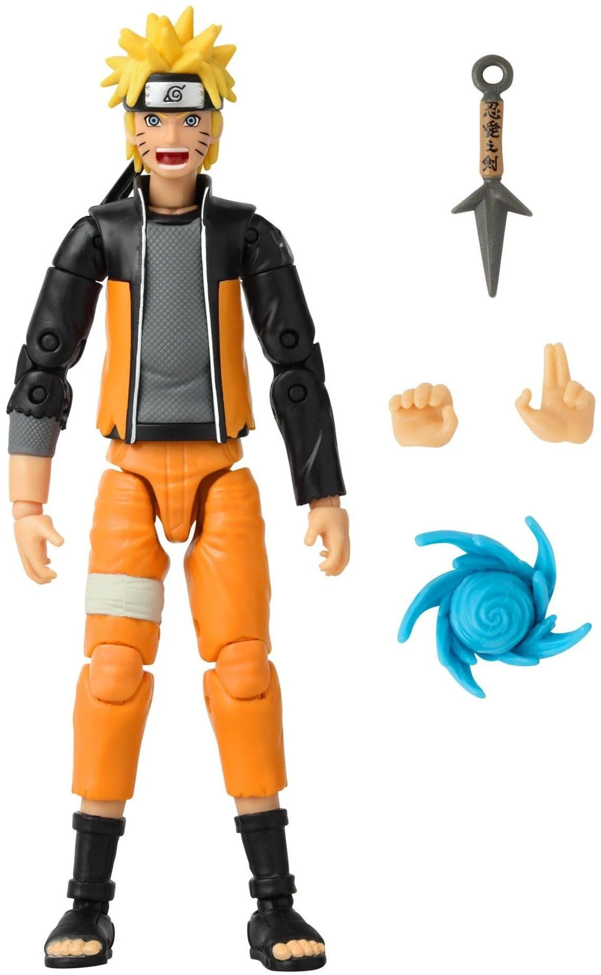 Naruto-Actionfigur mit Zubehör: Hände, Kunai und ein blauer Energieball.