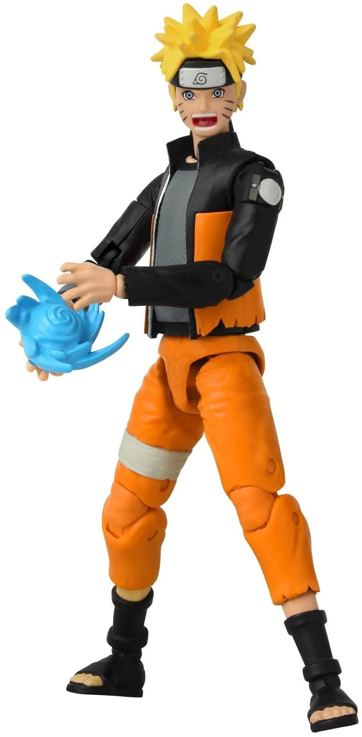 Naruto-Actionfigur, orangefarbenes und schwarzes Outfit, hält einen blauen Energieball. Gelbe Haare und Stirnband.