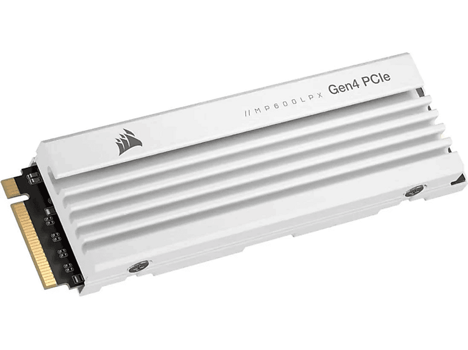 Biały i srebrny dysk SSD M.2. Marka to CORSAIR. Tło jest czarne.