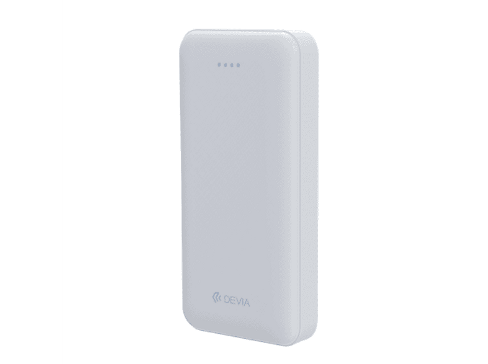 Power bank bianco. Piccolo, rettangolare e liscio. Il power bank ha una luce. Sfondo bianco.