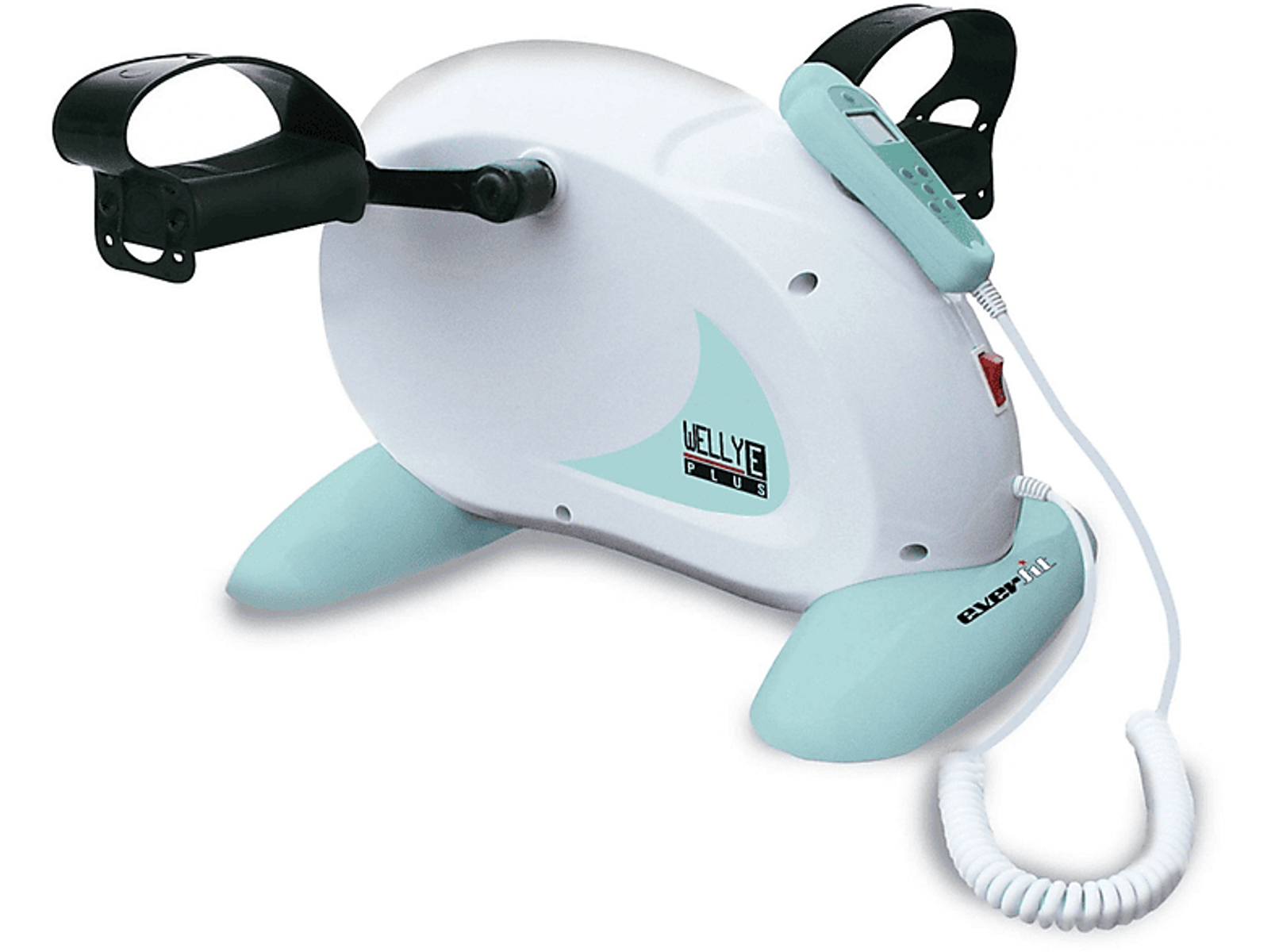 Una cyclette bianca e blu con un piccolo display, su una superficie bianca. Il marchio è 'Wellye Plus'.