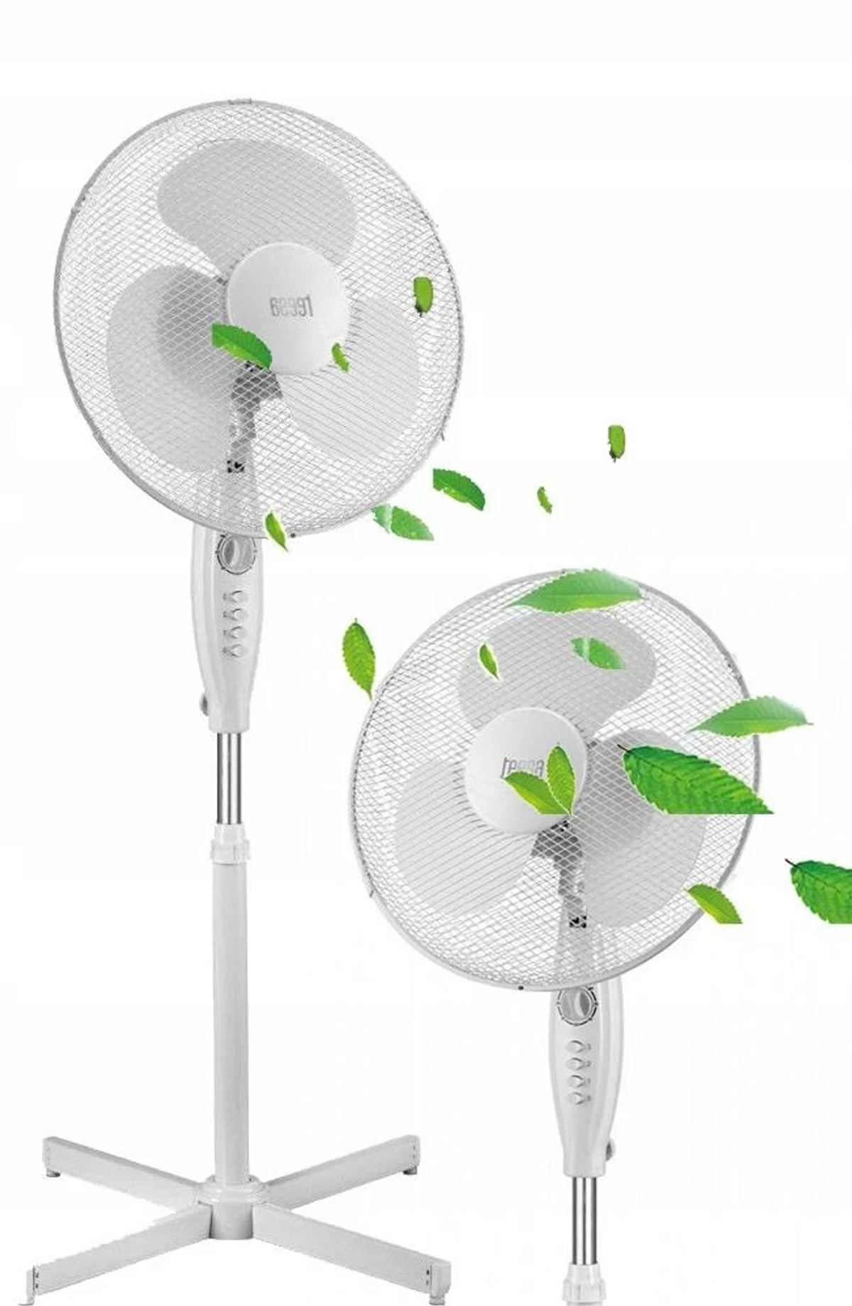 Zwei weiße Ventilatoren mit Gitterabdeckungen und grüne Blätter, die um sie herum schweben.