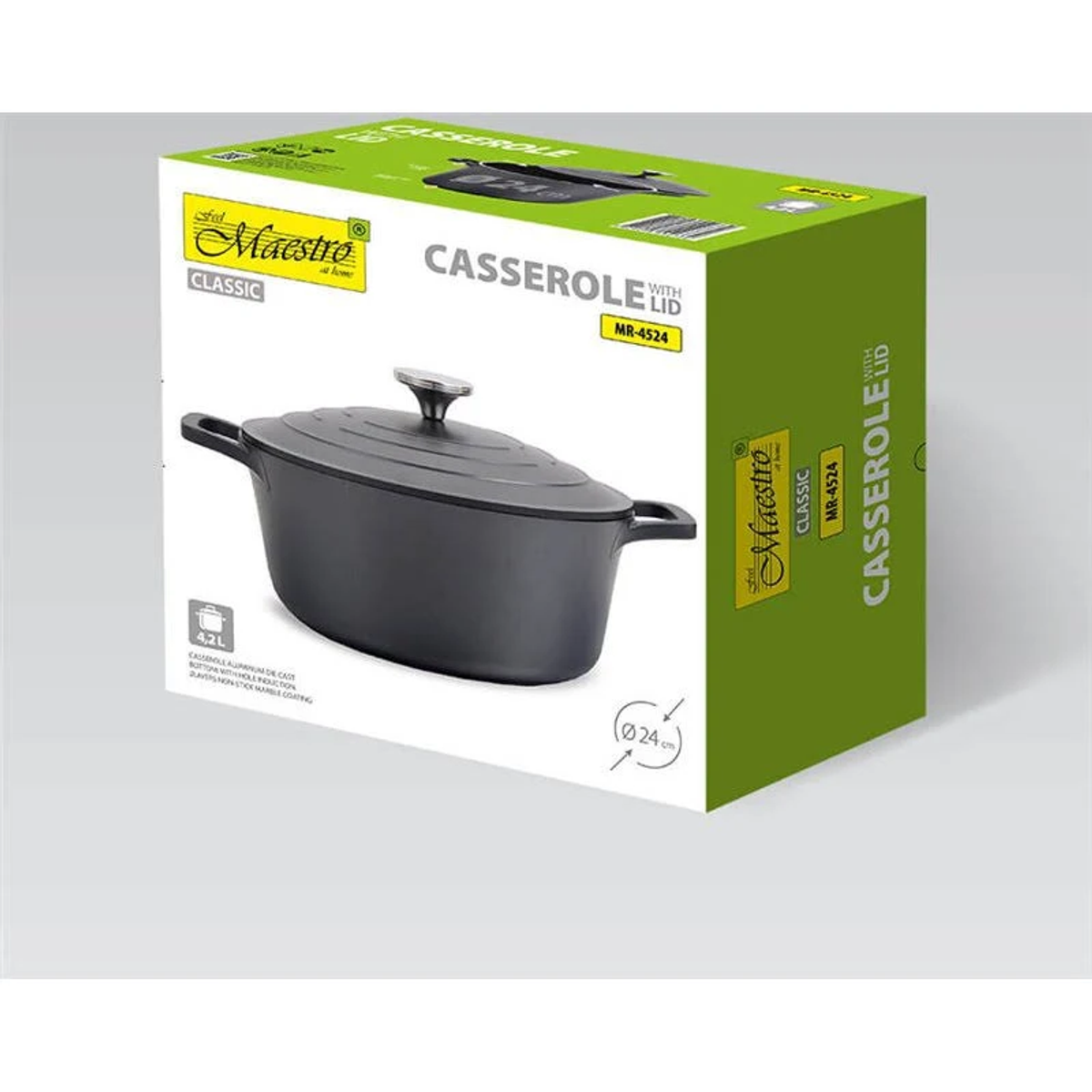 Garnki z pokrywką w pudełku. Czarny garnek, zielone i białe pudełko.