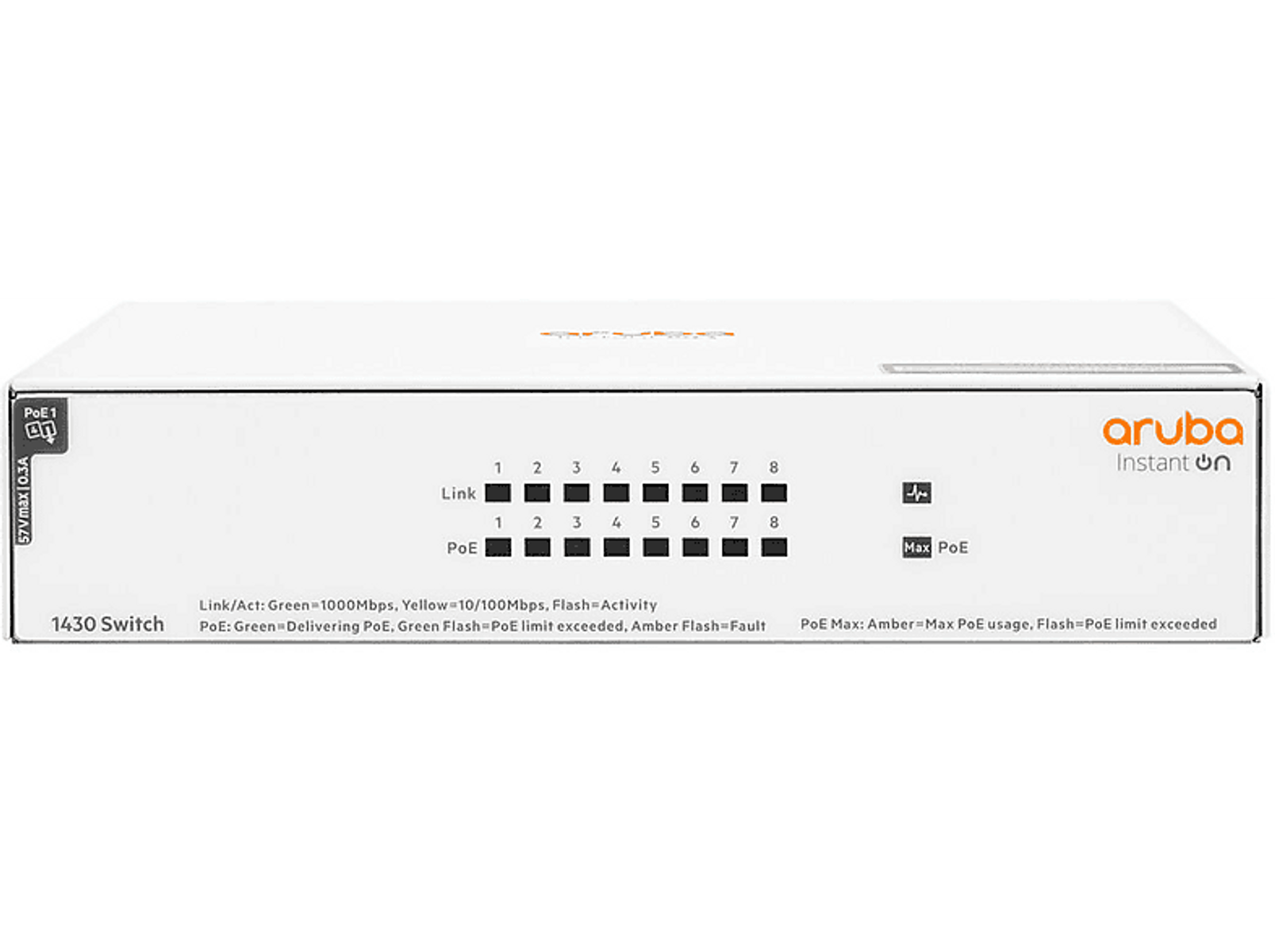 Biały przełącznik sieciowy Aruba. Ma osiem ponumerowanych portów i kilka lampek kontrolnych.