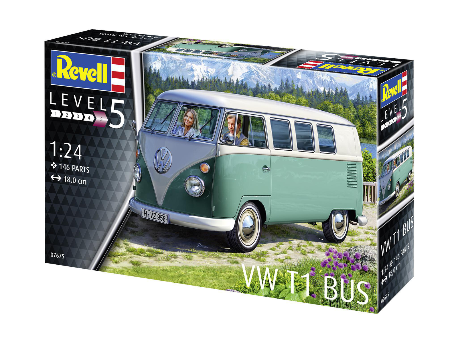 Ein Revell VW T1 Bus Modellbausatz, der das Busmodell und eine Berglandschaft zeigt.