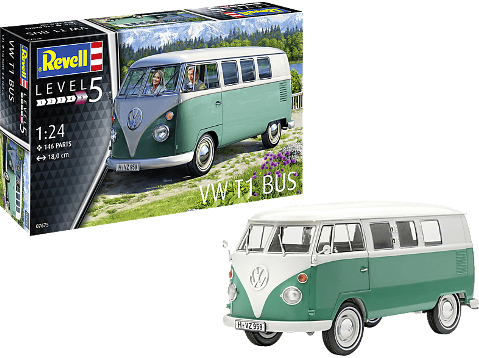 Eine Modellbaukiste und ein fertiges Modell eines grün-weißen Volkswagen-Busses.