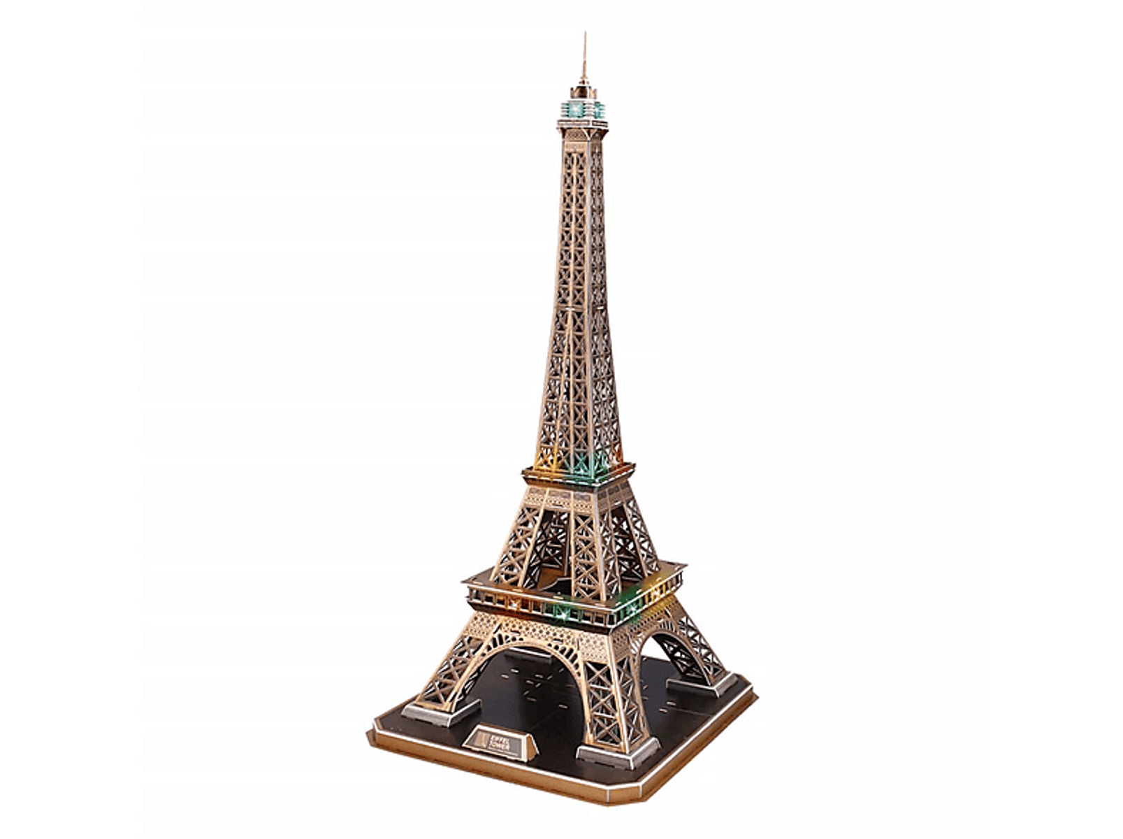 Model wieży Eiffla, metaliczny kolor, na białym tle. To puzzle.