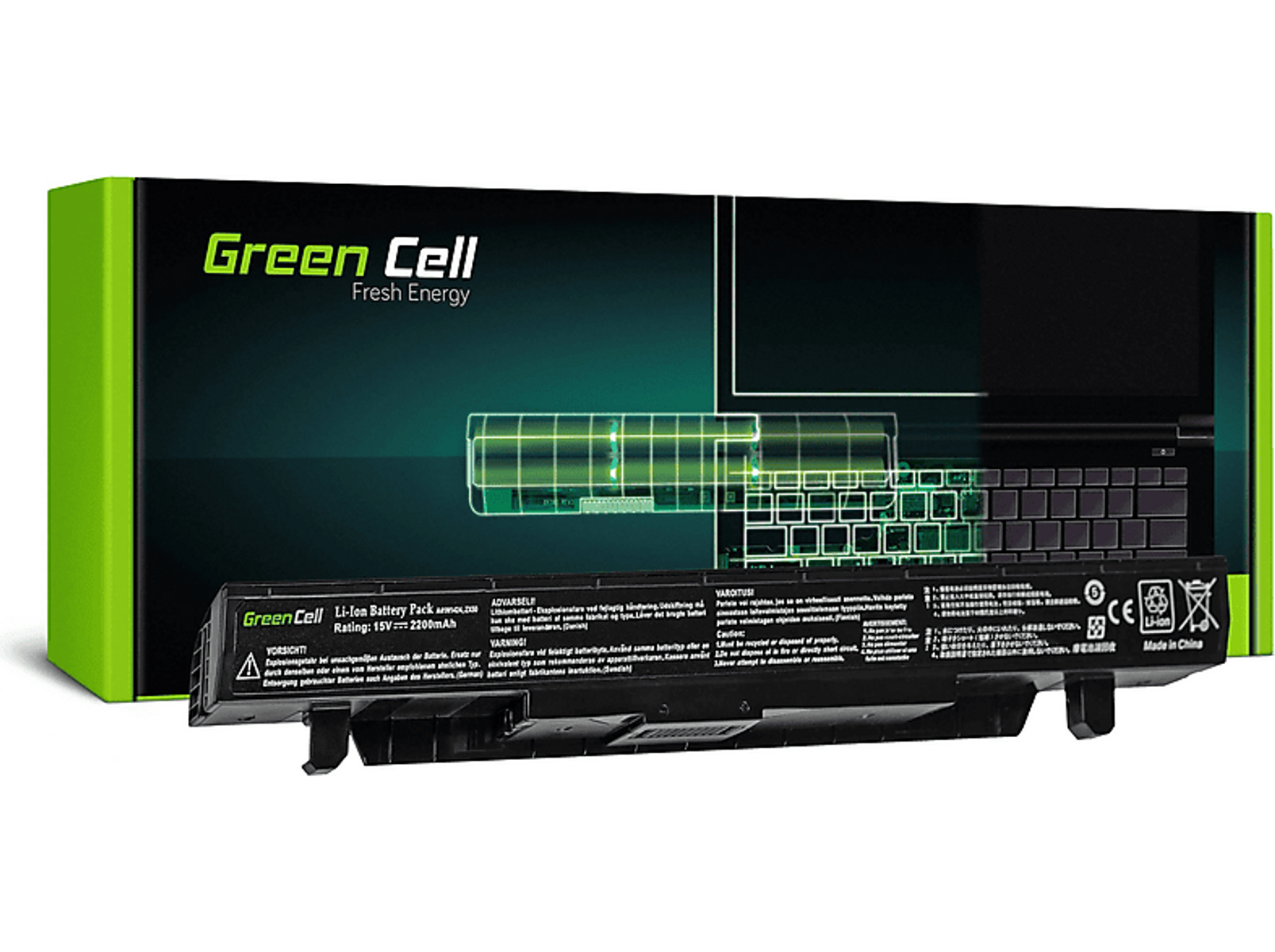 Laptop-Akkupack in einer grünen Box mit Text und Illustrationen.
