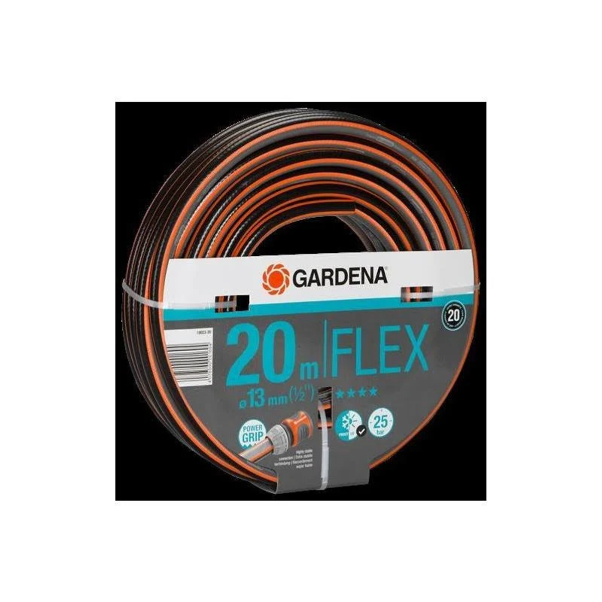 Zwinięty pomarańczowo-czarny wąż GARDENA 20m FLEX, z czarnym tłem.