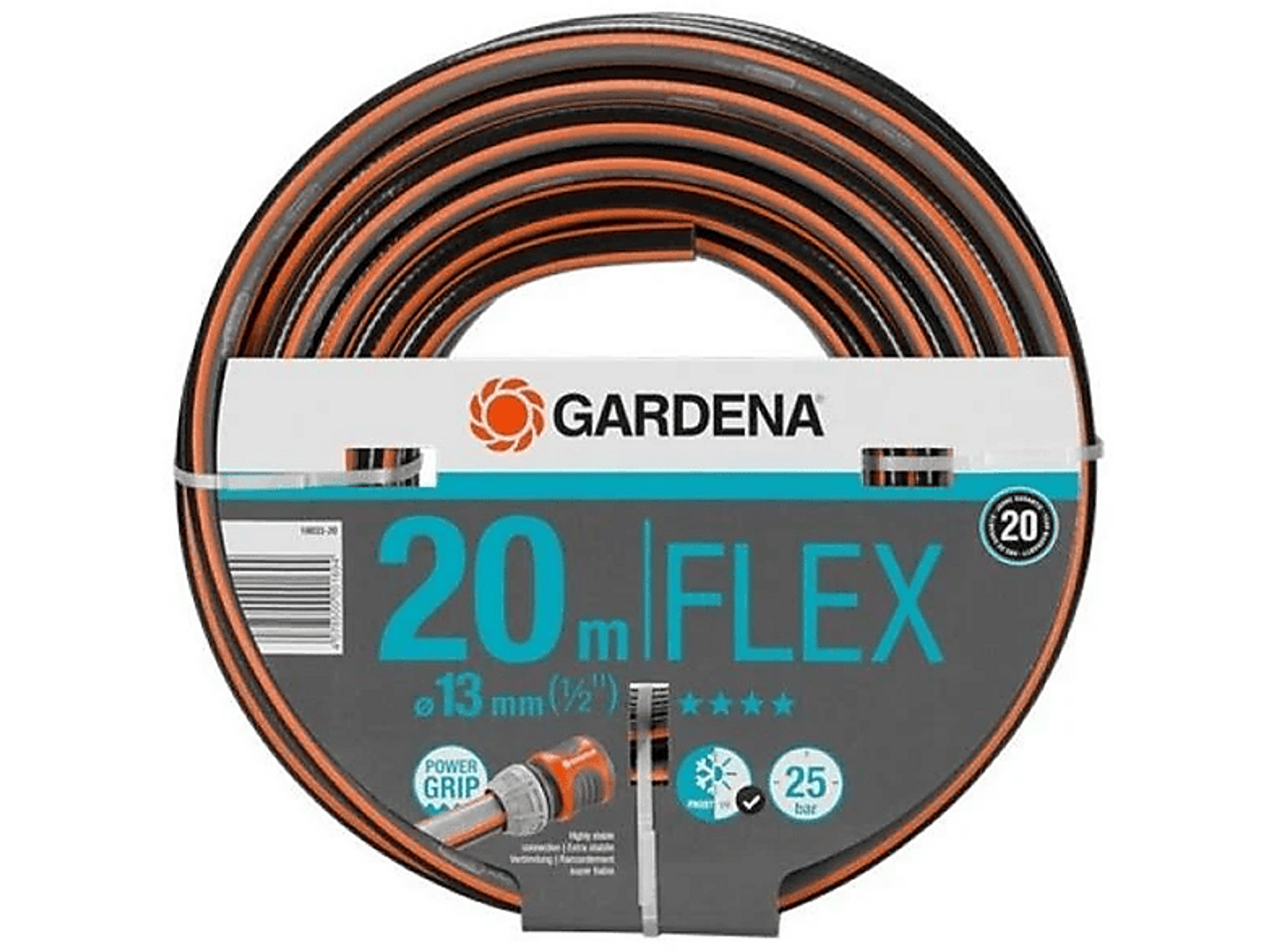 Czarny i pomarańczowy wąż ogrodowy zwinięty z białą etykietą.