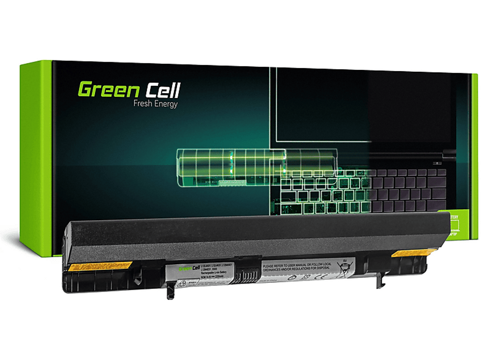 Laptop-Akku mit Green Cell-Box im Hintergrund. Die Box hat grüne und schwarze Farben.