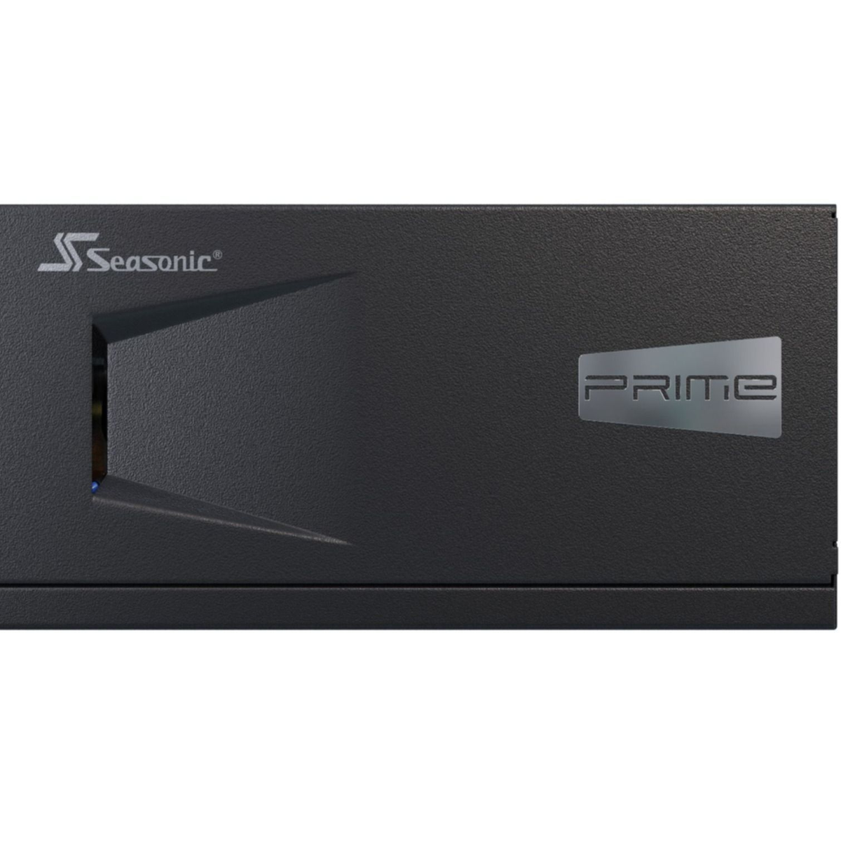 Alimentatore Seasonic Prime nero. Logo PRIME argento. Design angolato con un'apertura.