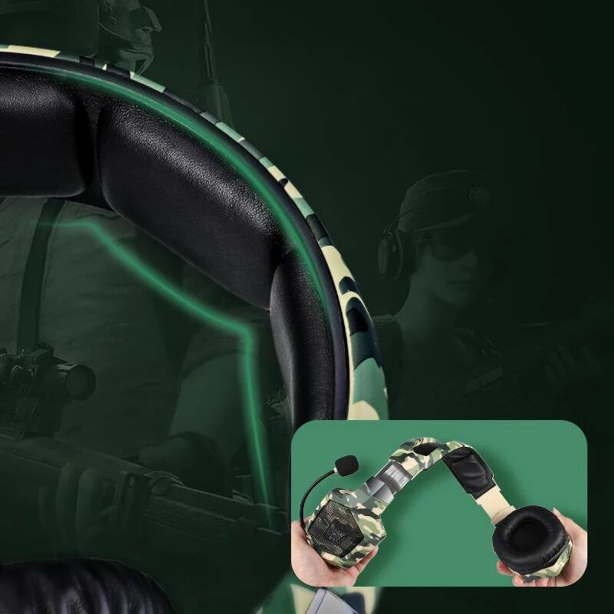 Primo piano delle cuffie da gioco. Cuffie mimetiche con microfono. Persona sullo sfondo.