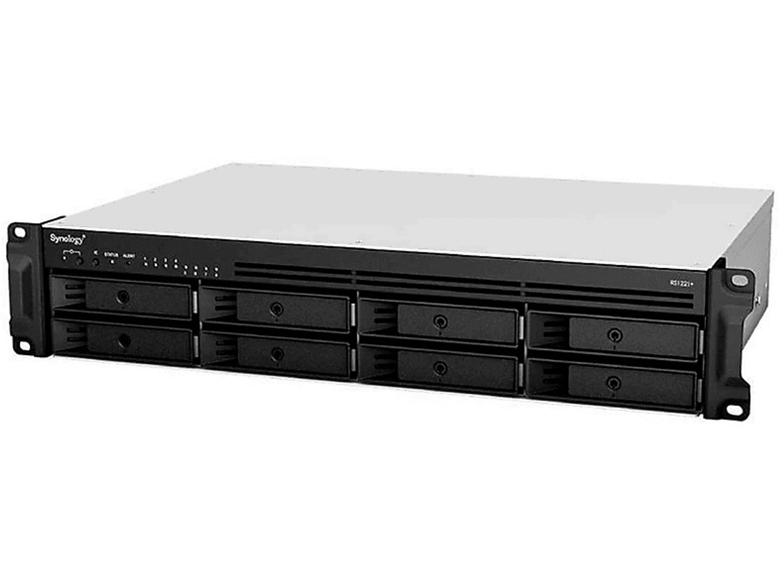 Server rack, nero e argento. Mostra vani unità, spie di stato e un logo Synology.