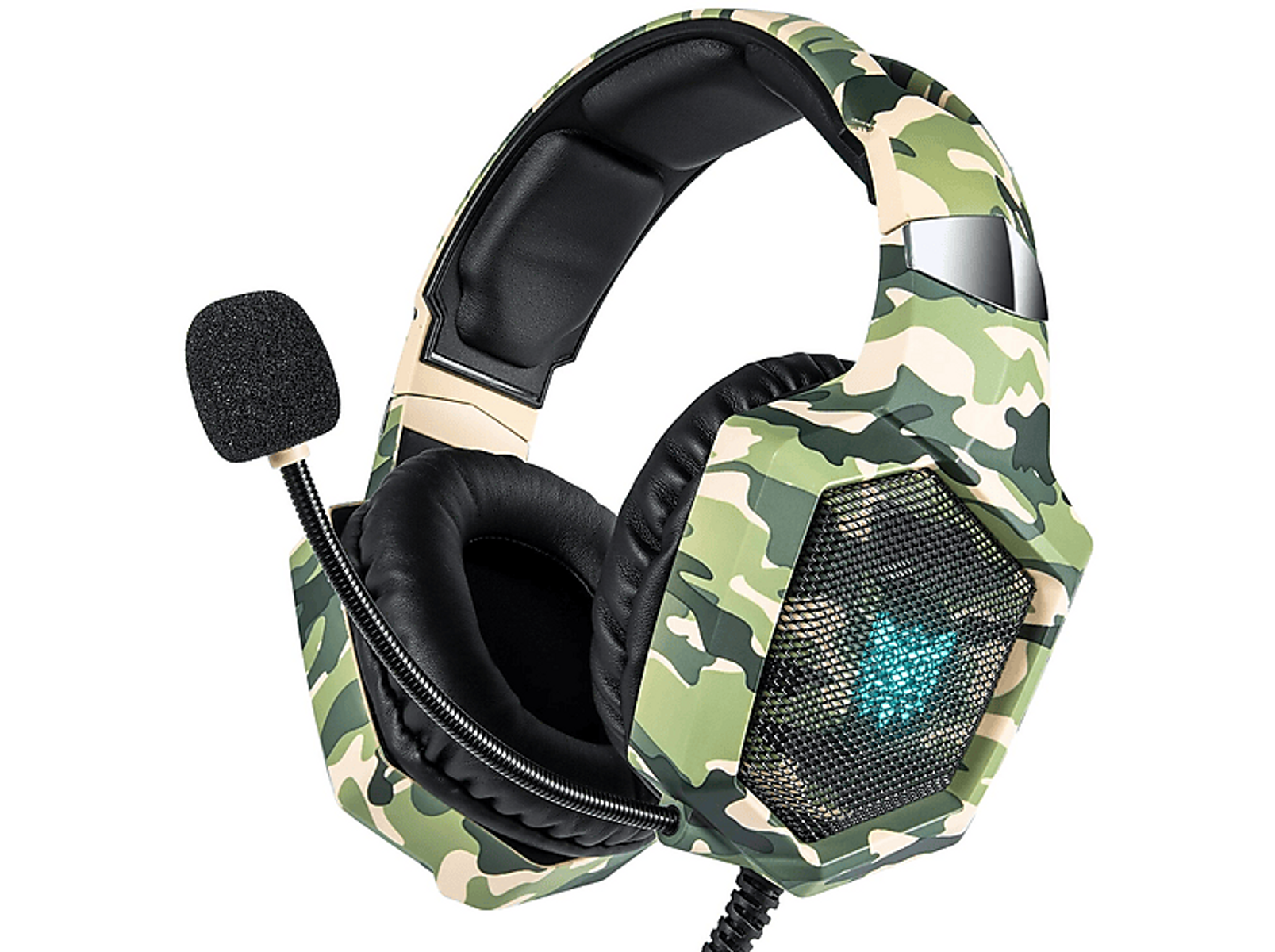 Cuffie da gioco mimetiche con microfono. Le cuffie hanno colori verde, beige e nero.