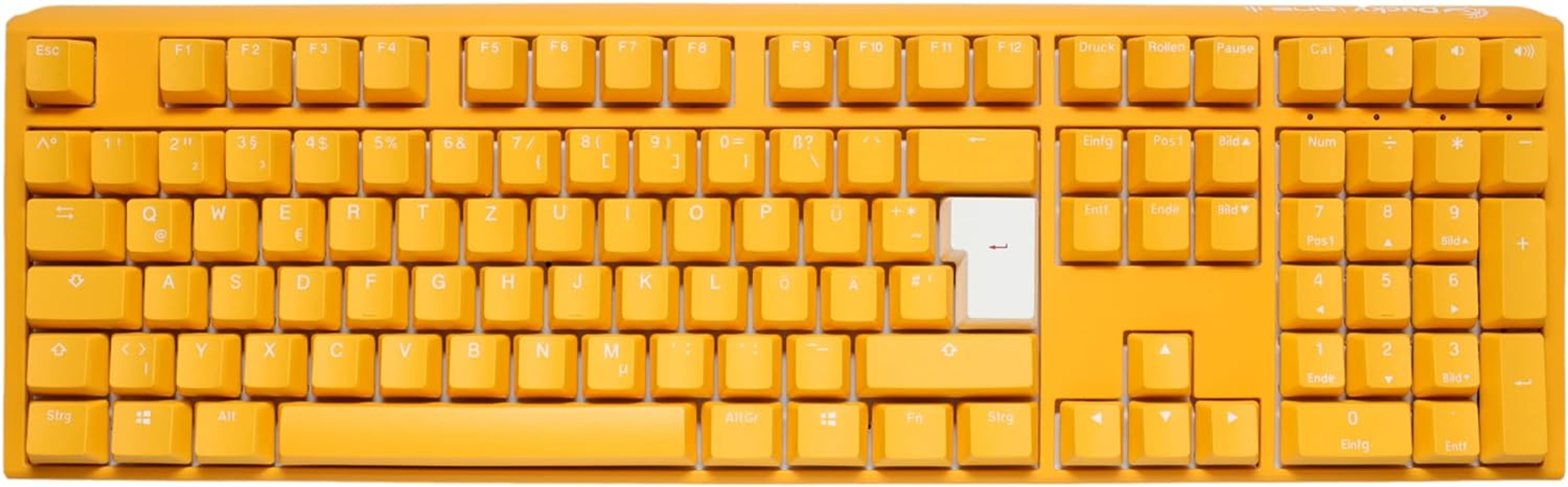 Tastiera gialla con tasti bianchi. I tasti sono gialli e bianchi. Lo sfondo è bianco.