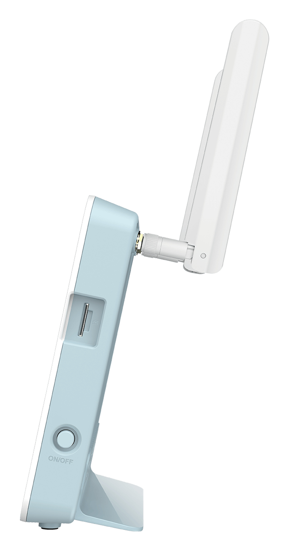 Niebieskie urządzenie z białymi antenami, przyciskiem i gniazdem SD, pochylone na białym tle.