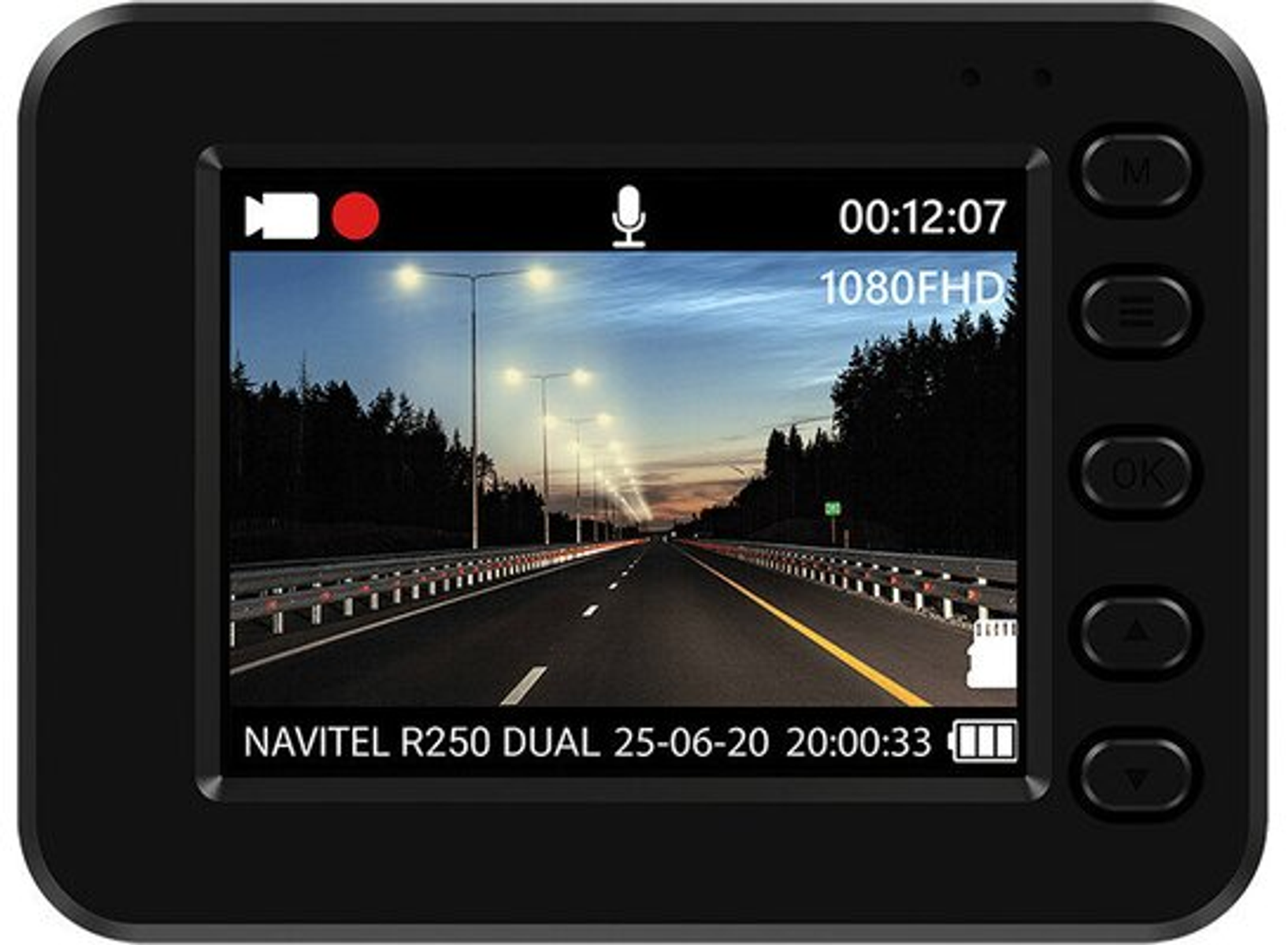 Dashcam-Bildschirm mit Straße und Himmel.