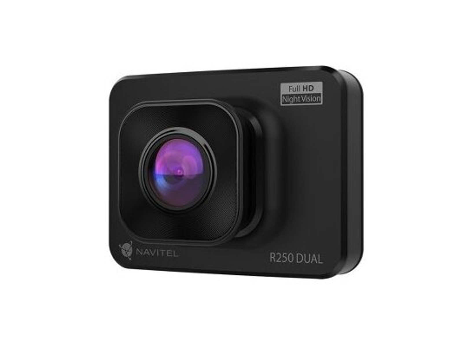 Schwarze Dashcam mit Full HD Nachtsicht. Die Linse ist lila.