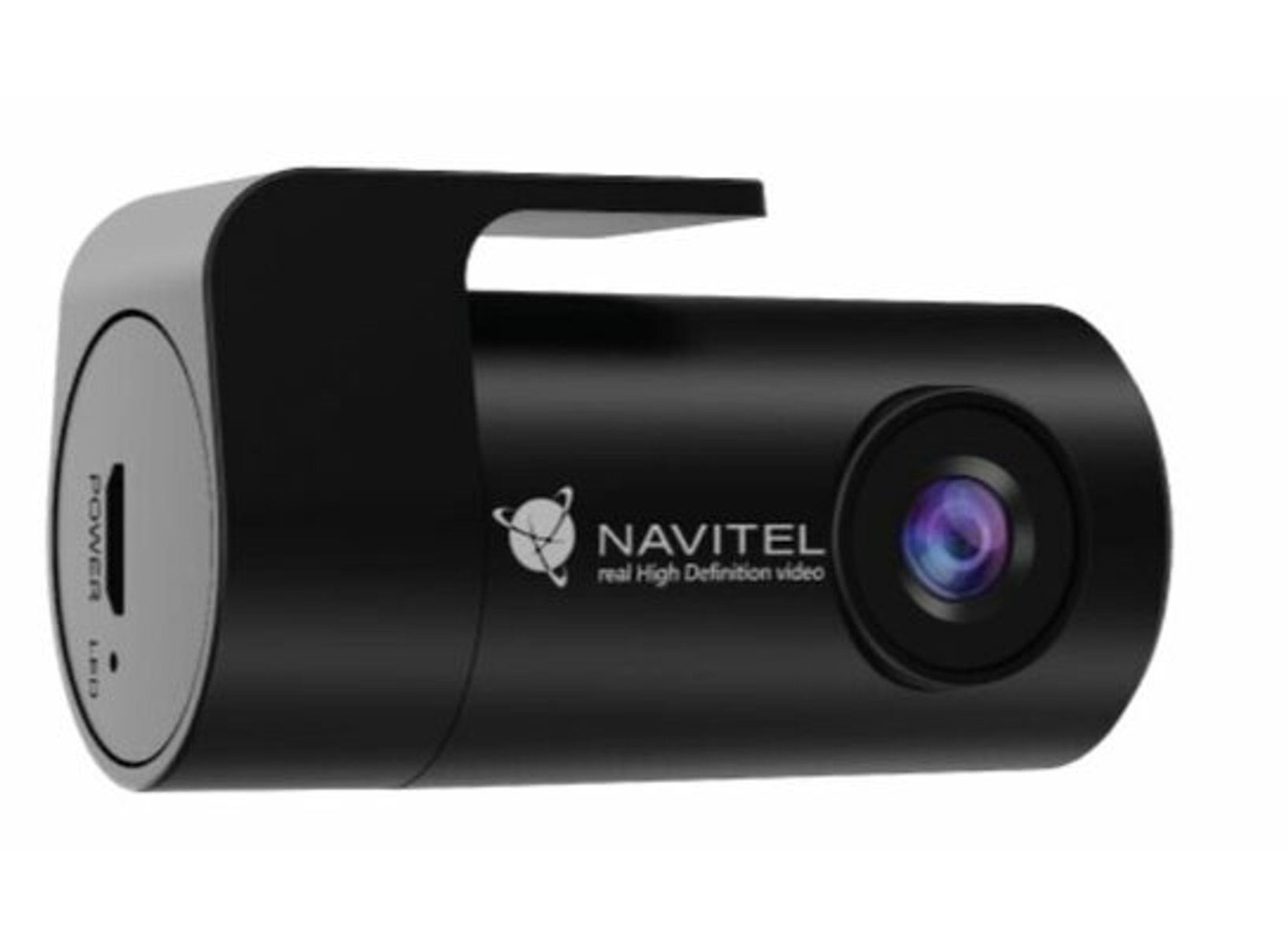 Schwarze Navitel Dashcam, schräge Ansicht. Zeigt Linse und Seite mit Strom/USB-Anschluss.