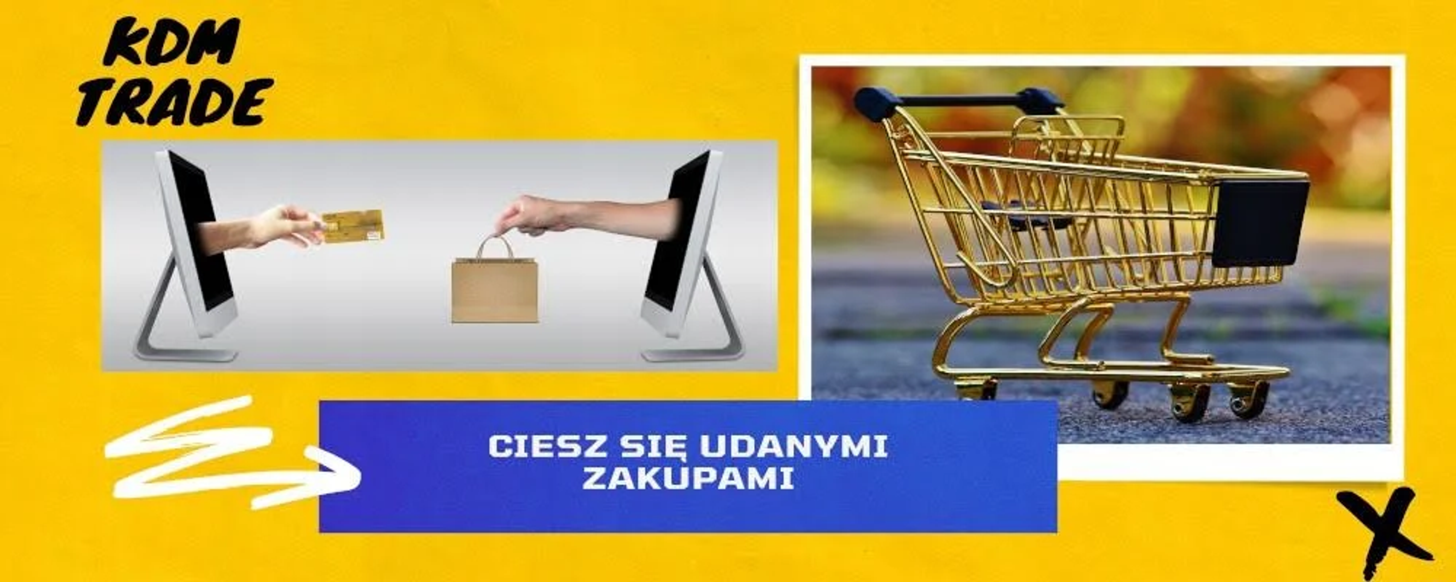 Eine Werbung mit Händen, die eine Kreditkarte und eine Einkaufstasche halten, und einem Einkaufswagen.
