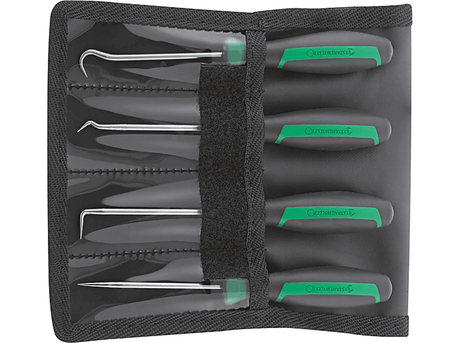 Satz von fünf Metall-Pick-Werkzeugen in einer schwarzen Tasche, schwarzer Hintergrund.