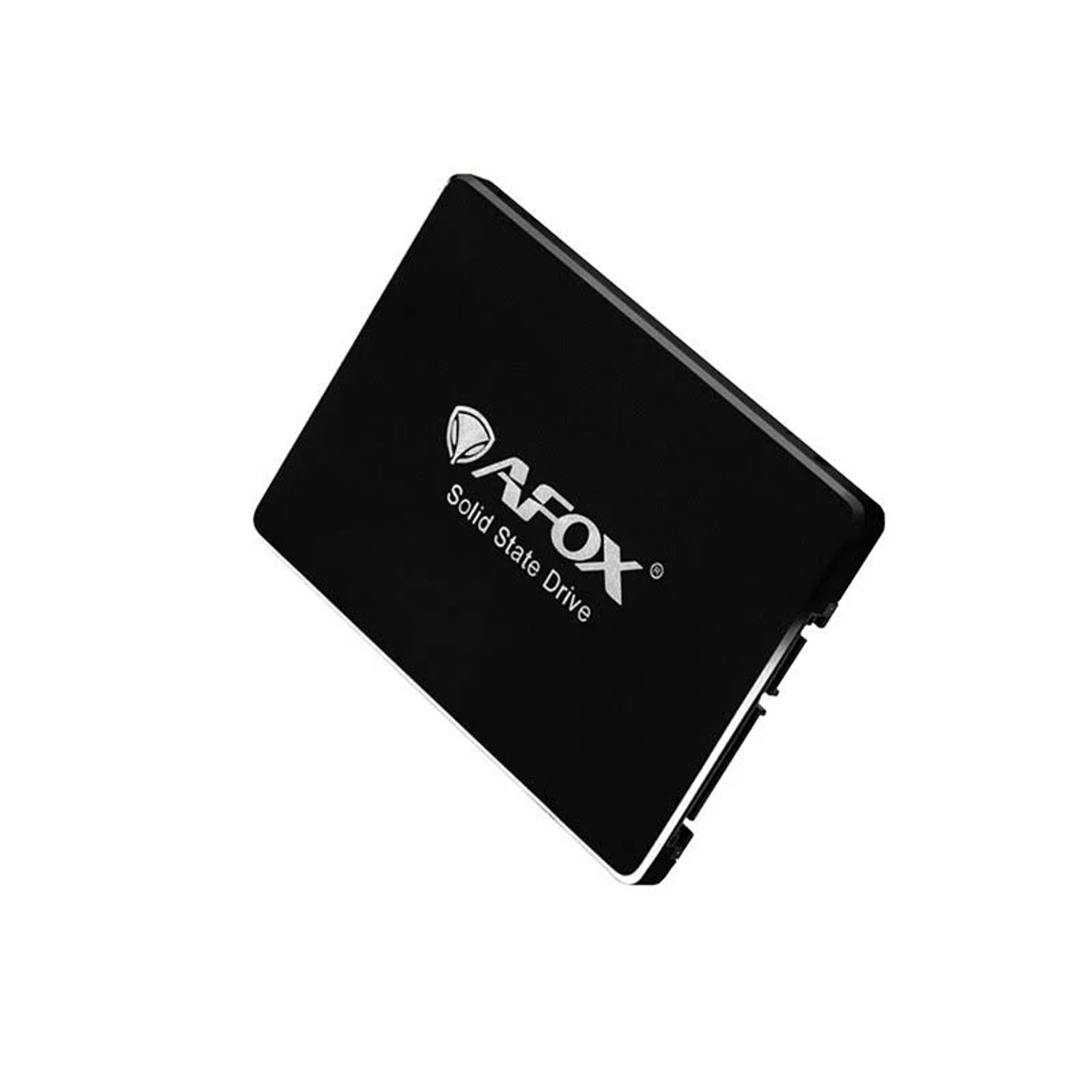 Schwarze AFOX Solid State Drive, schräg auf weißem Hintergrund. Der Markenname ist sichtbar.
