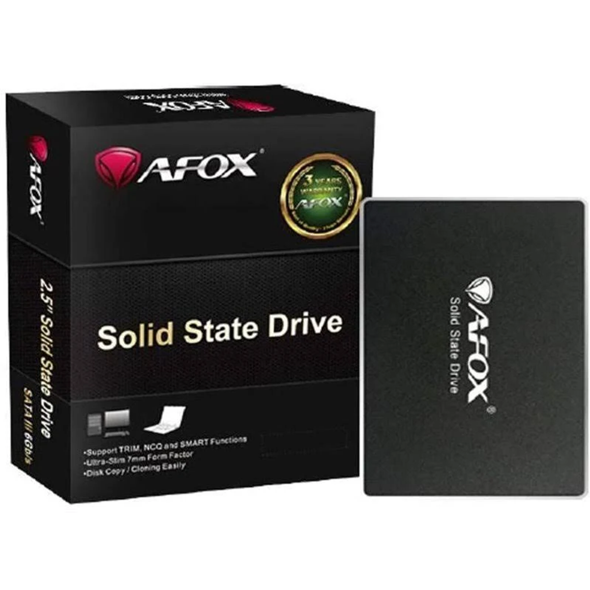 Schwarze AFOX SSD-Box und SSD. Box hat weißen Text und ein rotes Logo. SSD ist schwarz.