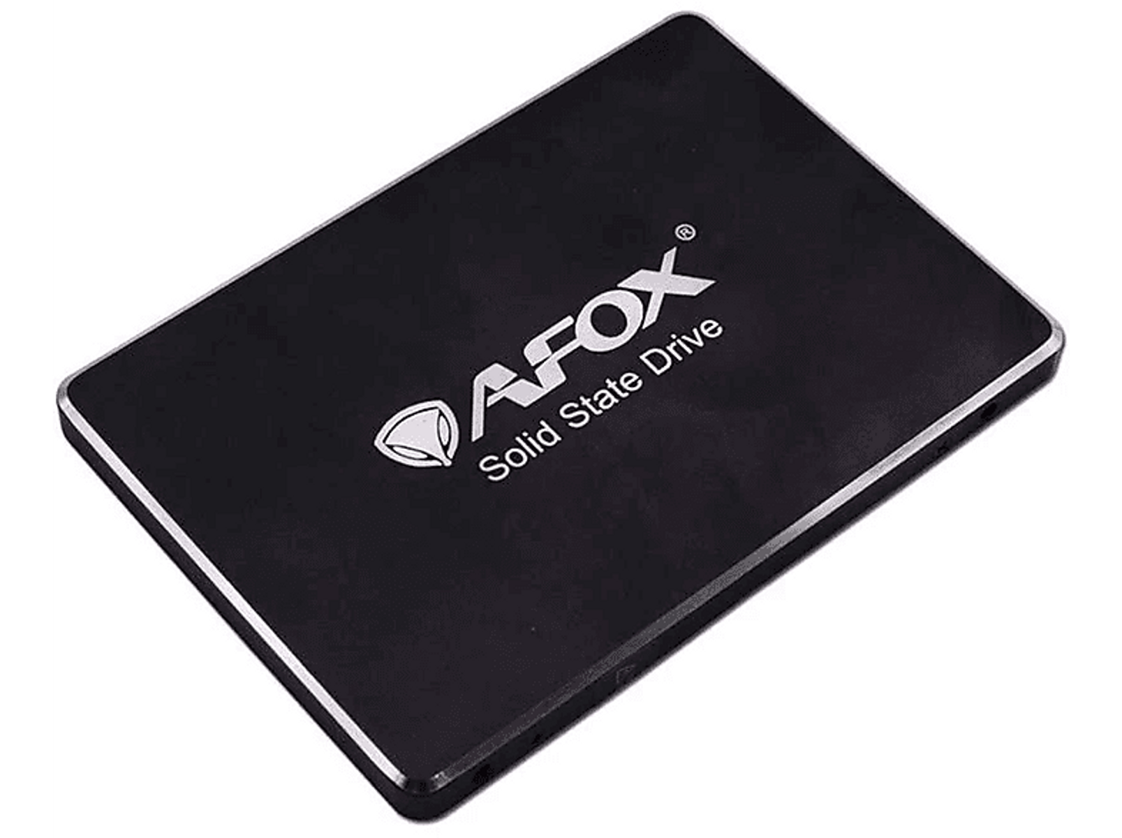 Schwarze AFOX-SSD auf weißem Hintergrund. Text: AFOX Solid State Drive.
