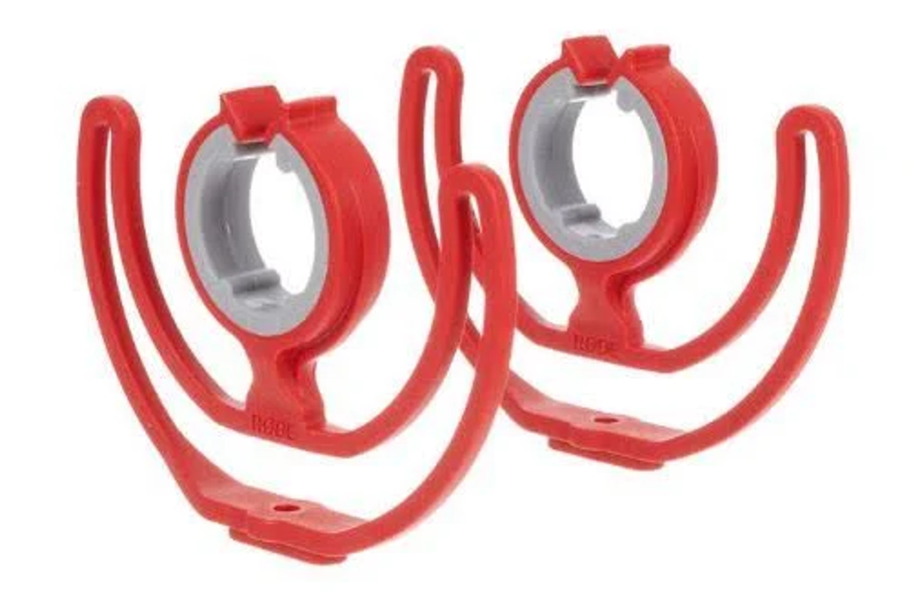 Zwei rote Rode Mikrofon-Stoßdämpfer.