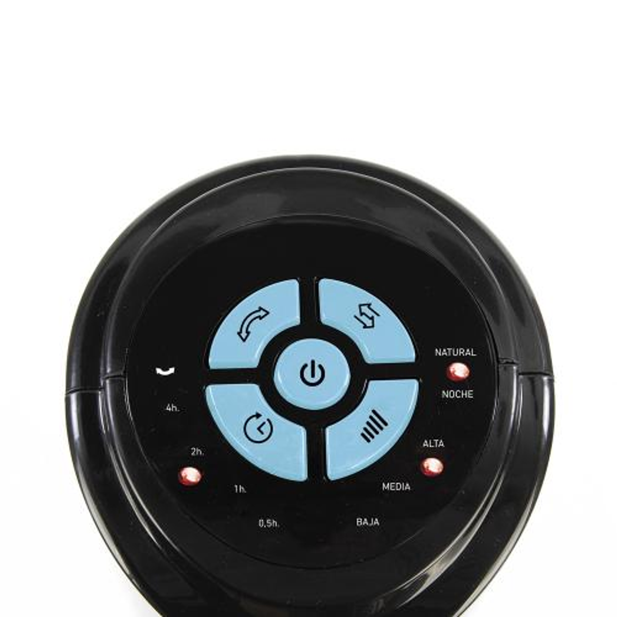 Zbliżenie czarnego panelu sterowania wentylatorem z niebieskimi przyciskami i czerwonymi światłami.