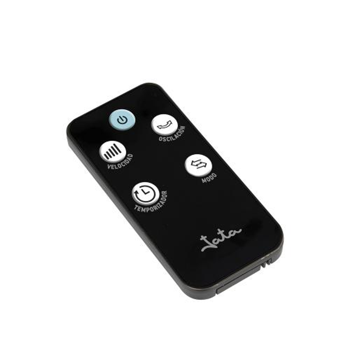 Czarny pilot z białymi przyciskami i etykietami.