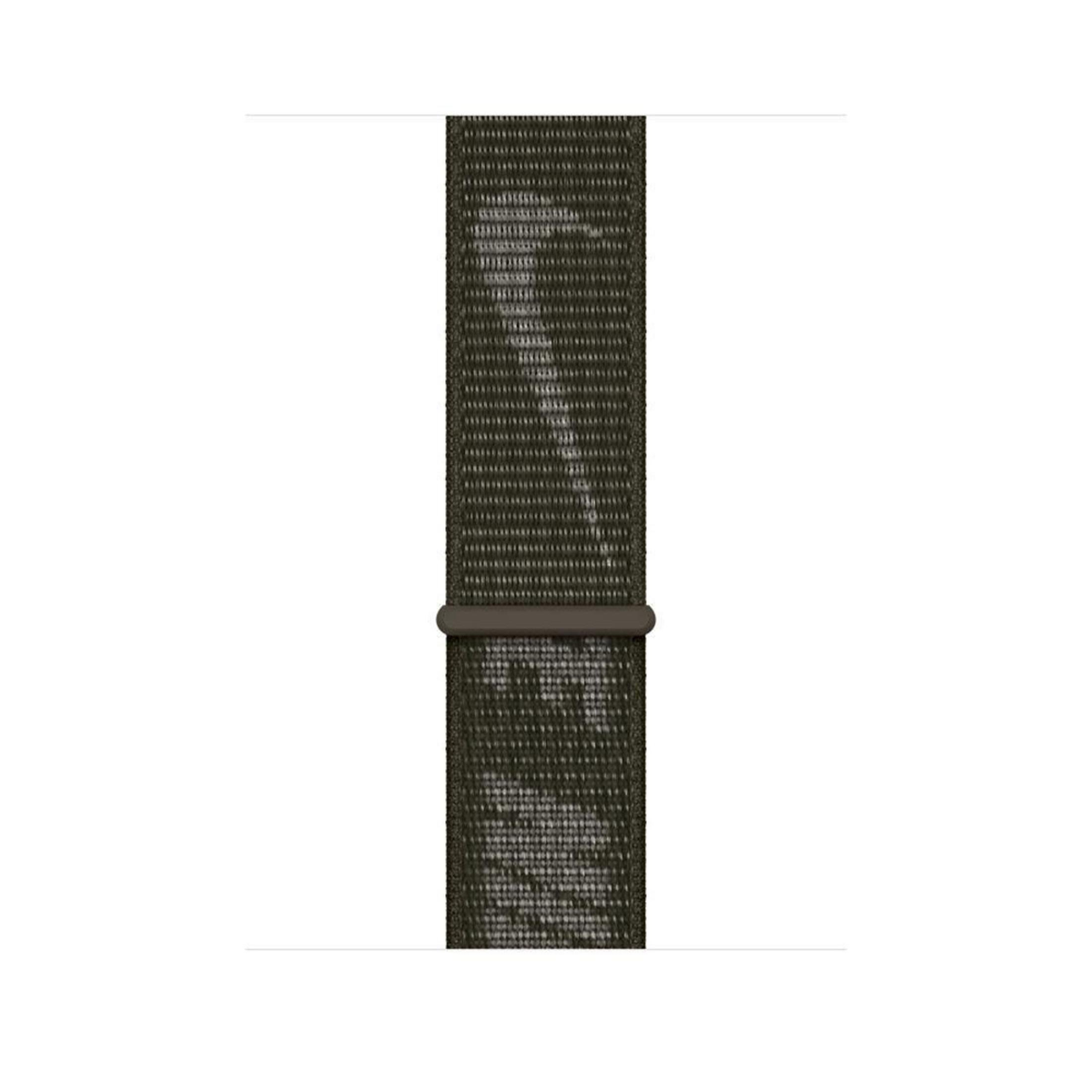 Olive green Apple Watch band. Dark brown clasp. White background.