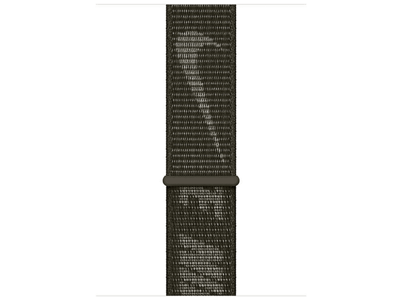 A close up of a dark green Apple Watch band. It has a woven texture with a black metal clasp.