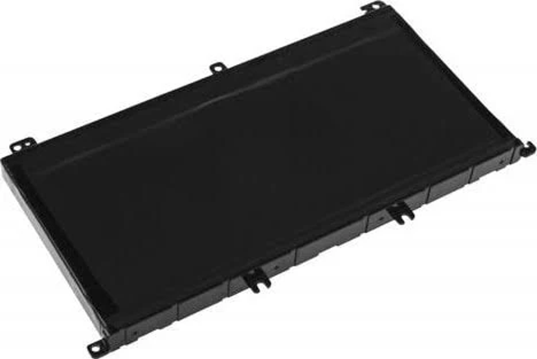 Schwarzer Laptop-Akku, rechteckige Form, mit Anschlüssen.