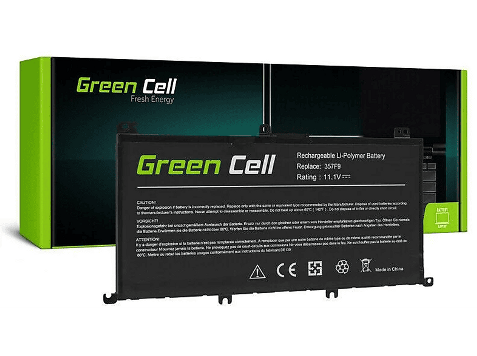 Ein schwarzer rechteckiger Akku und eine grüne Schachtel mit Text. Die Batterie hat Text.