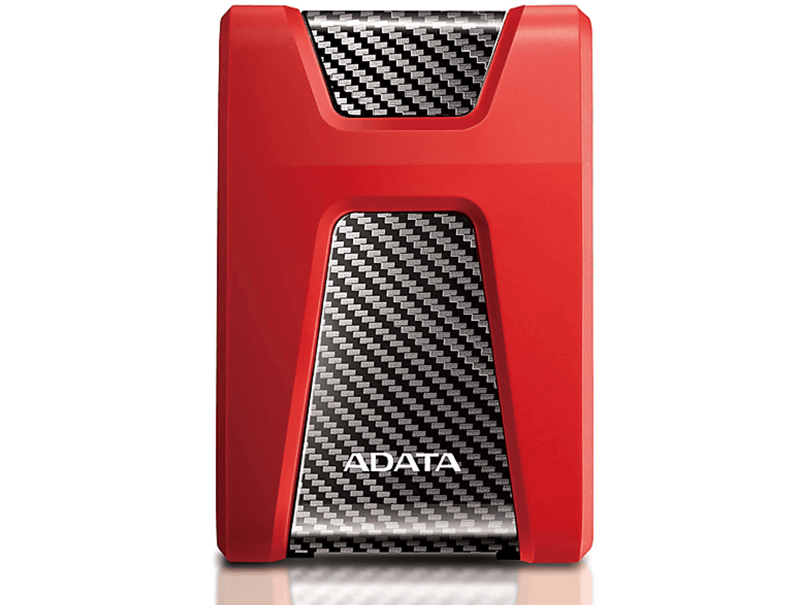 Czerwony dysk twardy zewnętrzny z wzorem włókna węglowego pośrodku.