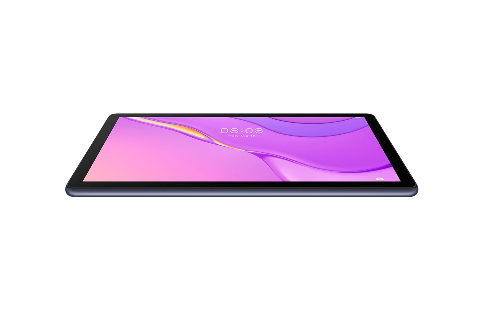 Tablet, rosa Bildschirm, dunkelblauer Rahmen. Von der Seite gesehen.