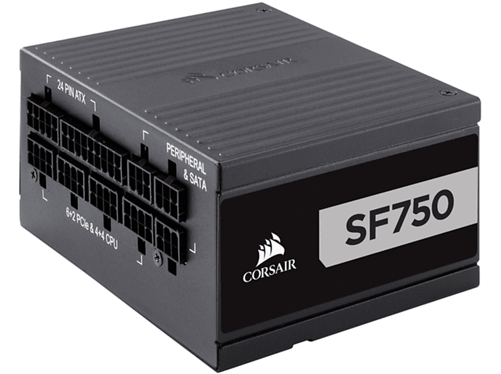 Alimentatore Corsair SF750 nero con più porte e il logo Corsair.