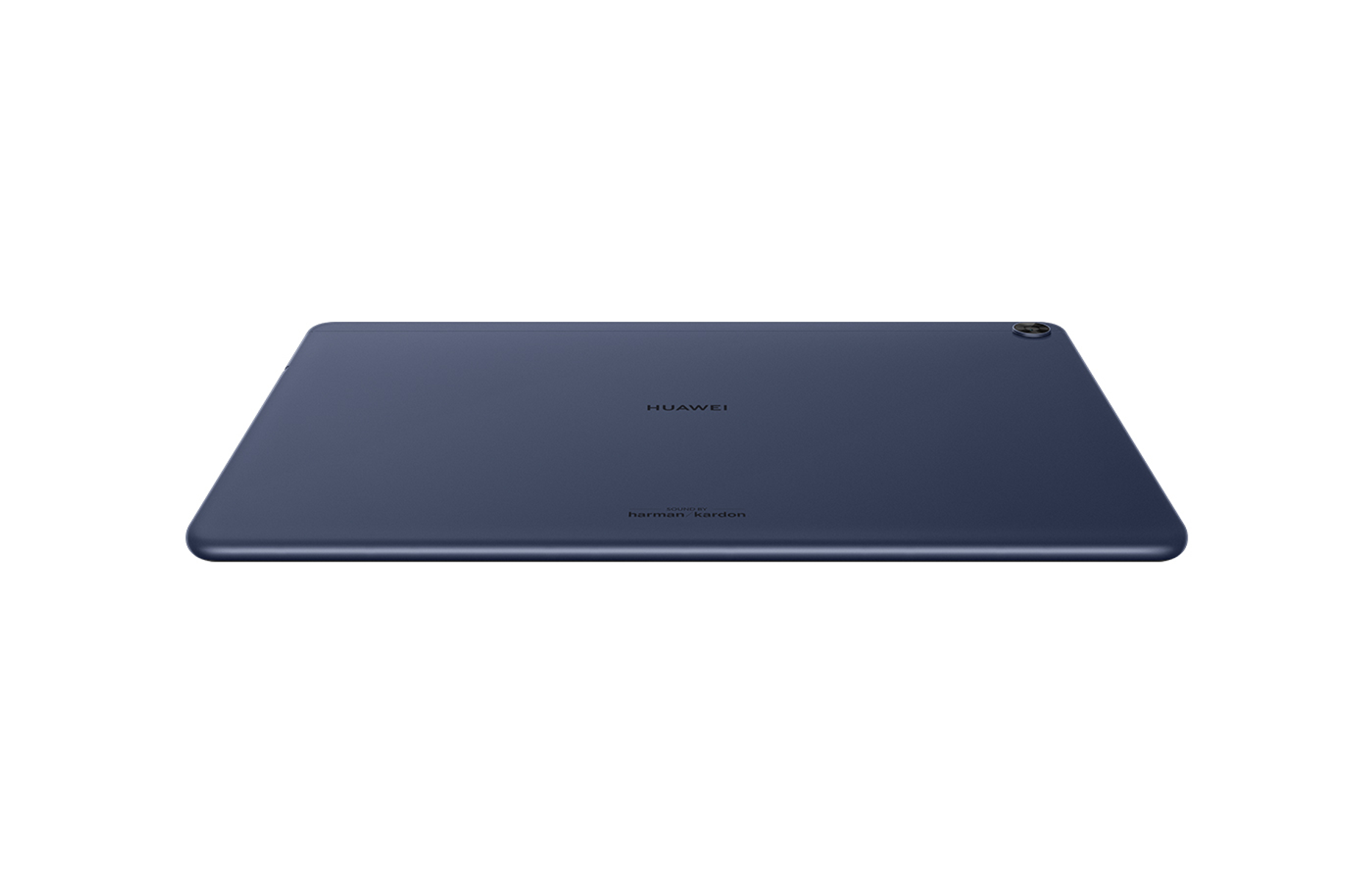 Ein blaues Huawei-Tablet, die Rückseite zeigend. Weißer Hintergrund.
