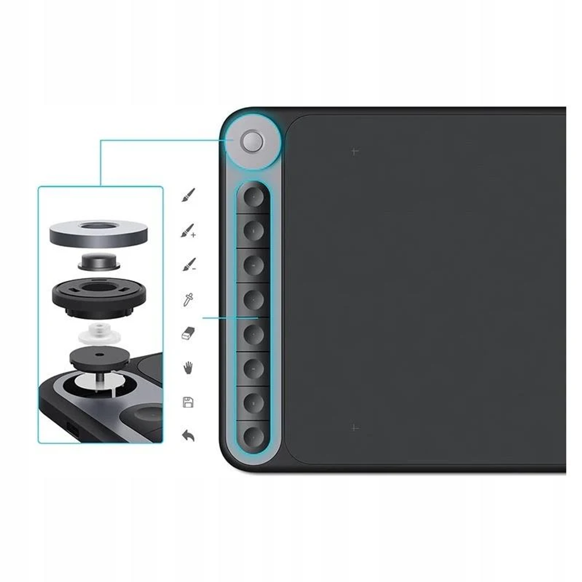 Tablet graficzny ze schematem części, pokazujący tablet i zdemontowany rysik.