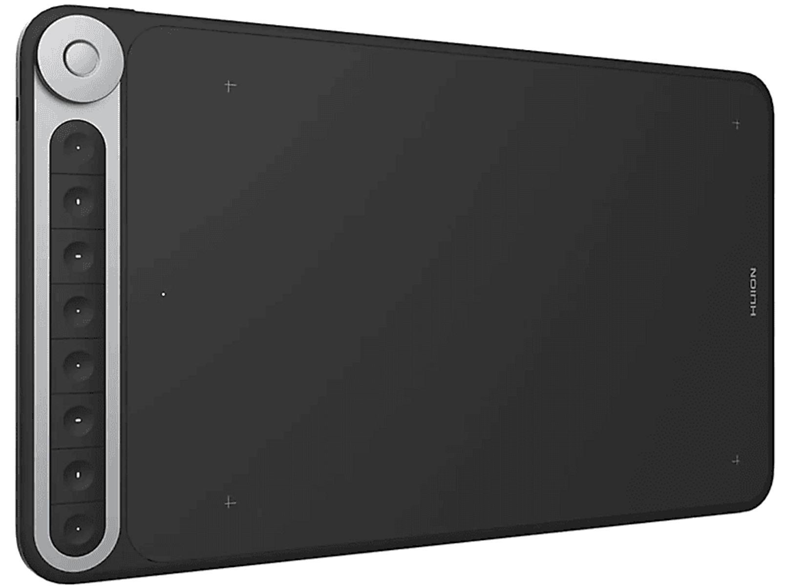 Czarny tablet graficzny z przyciskami i pokrętłem. Srebrna krawędź po lewej stronie.