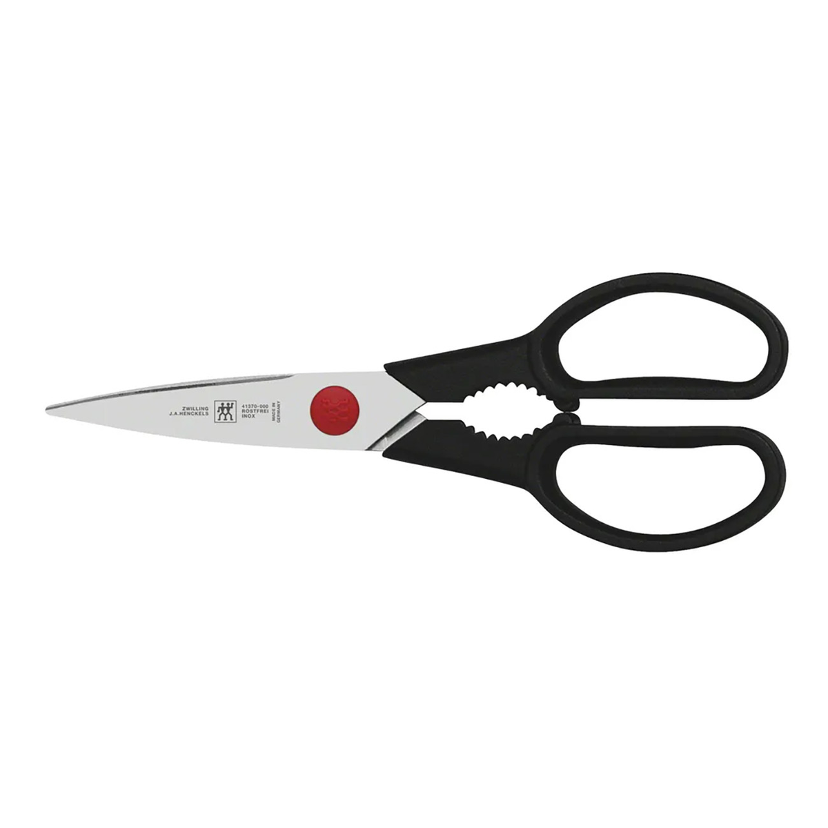Nożyce kuchenne z czarnymi uchwytami i czerwonym środkiem.