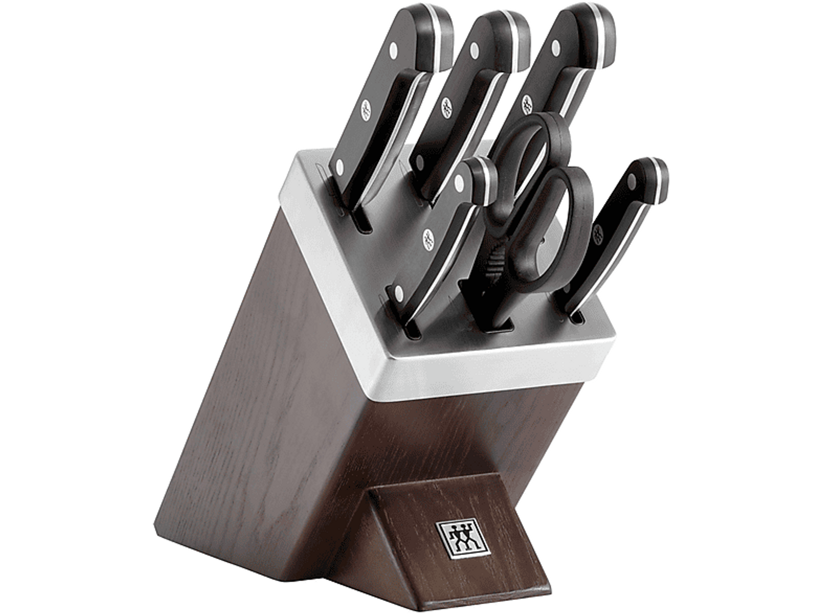 Drewniany blok na noże z zestawem noży. Noże mają czarne uchwyty. W zestawie są również nożyczki.