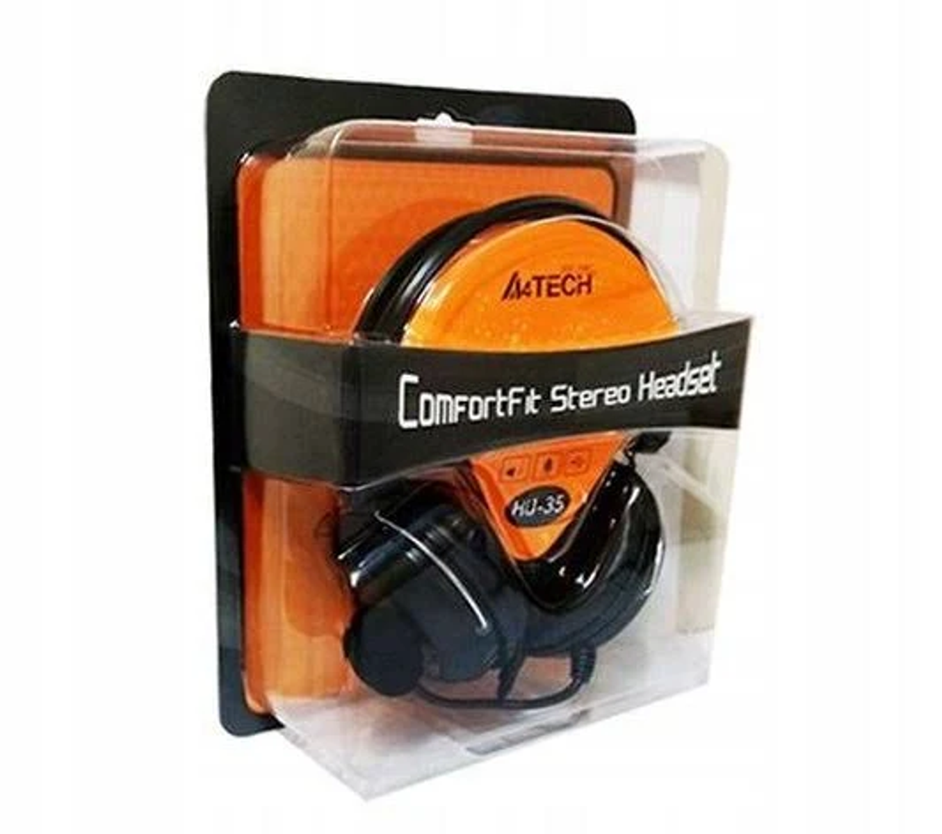 Zestaw słuchawkowy w plastikowym opakowaniu z pomarańczowym tłem. Czarne słuchawki.