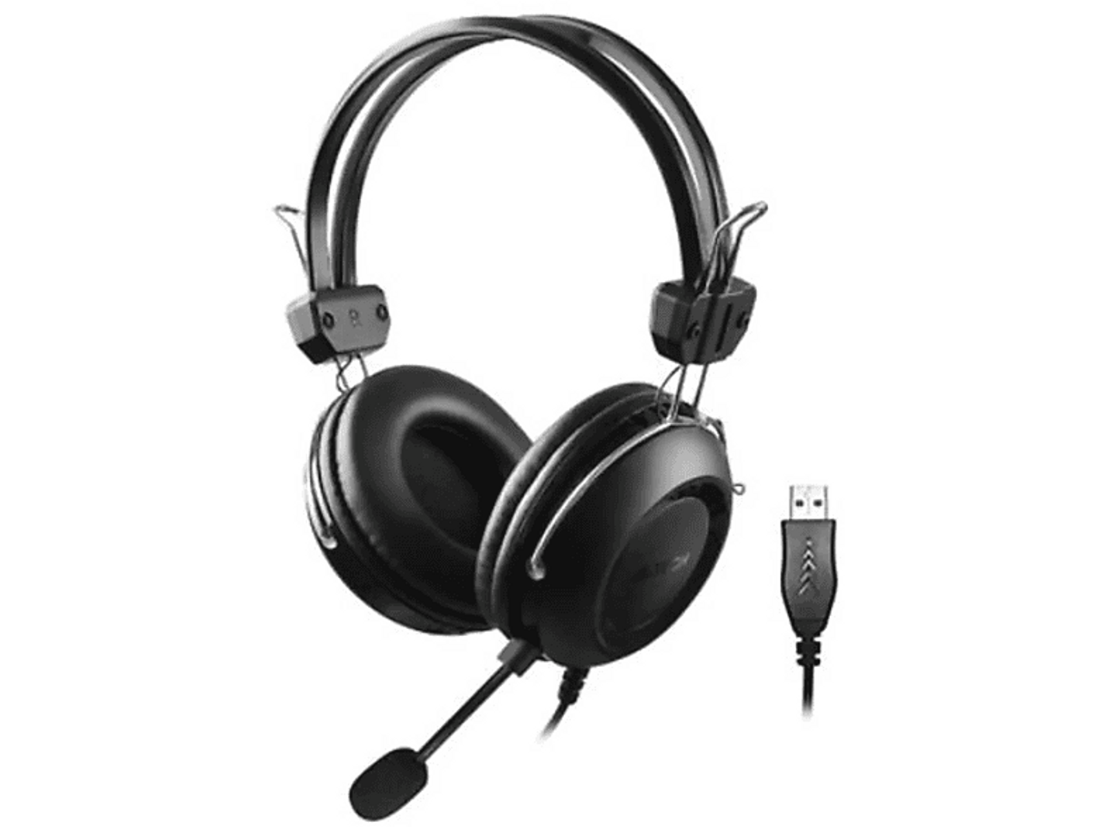 Czarne słuchawki z mikrofonem i złączem USB. Widoczne nauszniki, pałąk i przewód.