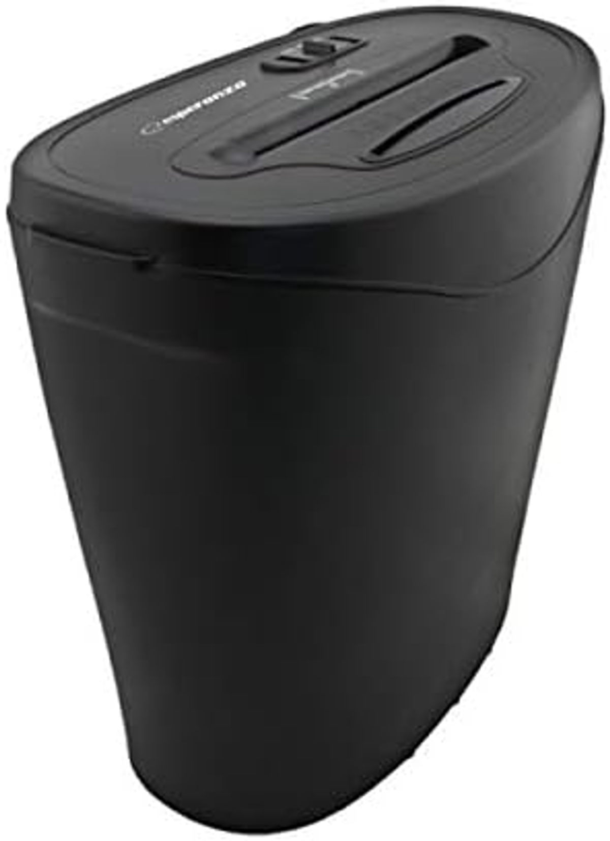 Czarna niszczarka do papieru z zakrzywionym wierzchem.
