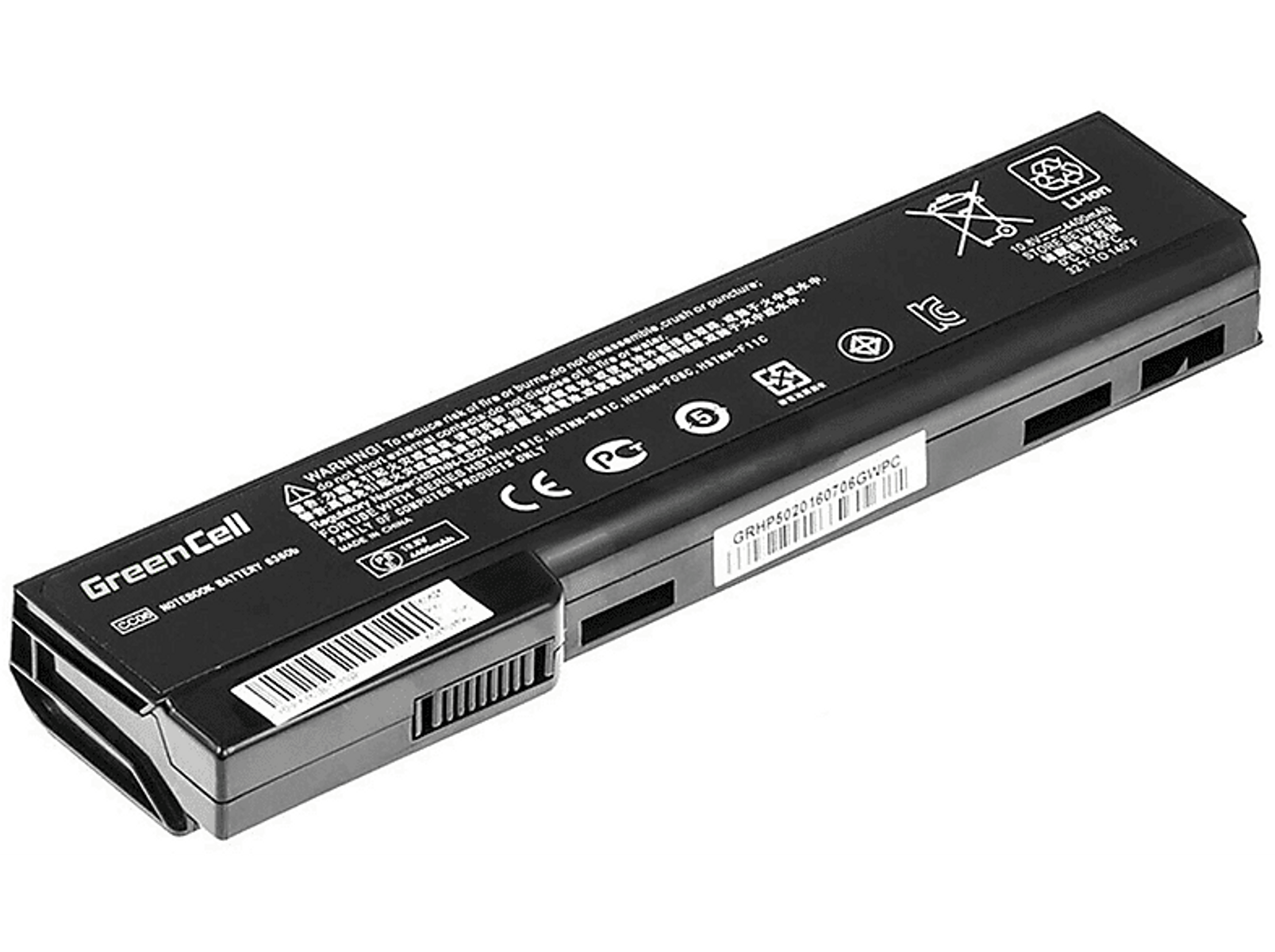 Czarny akumulator do laptopa GreenCell z etykietami ostrzegawczymi i kodem kreskowym.